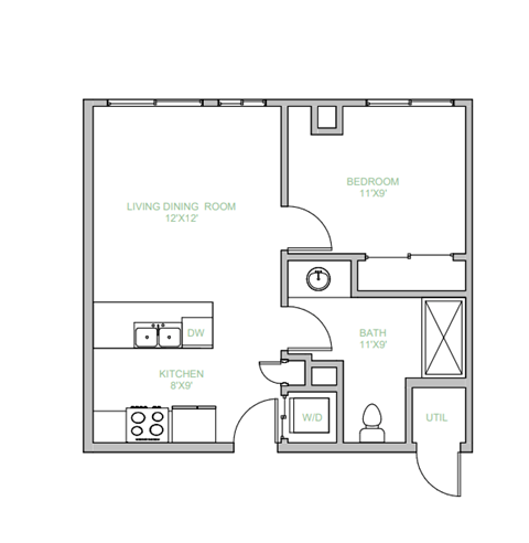 Floor plan for 1 bed, 1 bath, 703 sqft